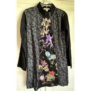 Windhorse Black Tunic Jacket Top Embroidered Flowers‎ Womens Medium New